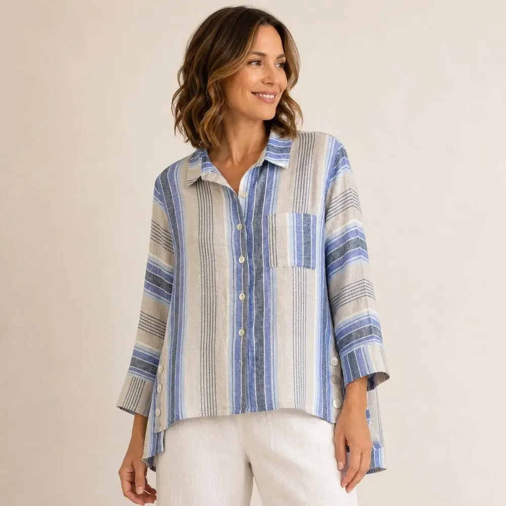 Habitat Clothes Linen Button Up Tunic Medium Blue Striped High Low Lagenlook